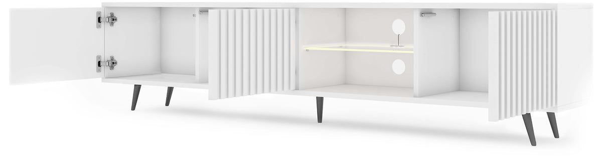 Meuble TV Bello avec façades à lamelles 175 cm blanc avec LED et pieds noirs