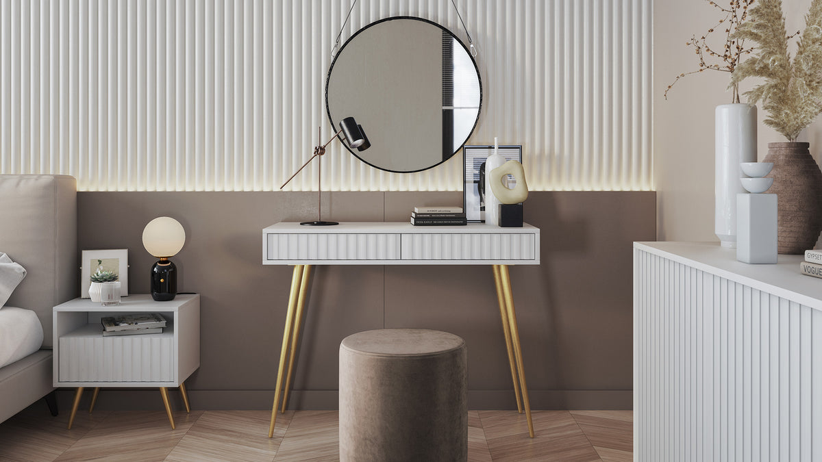 Coiffeuse Bello 104 cm blanche avec pieds dorés