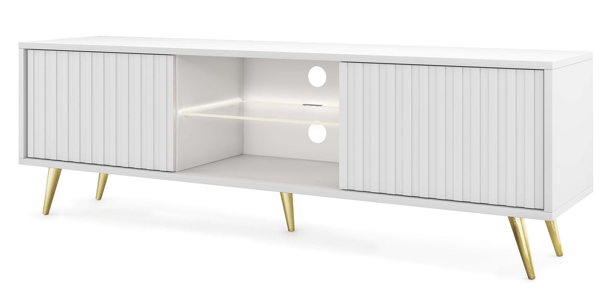 Meuble TV Bello 135 cm blanc avec portes à lamelles et pieds dorés