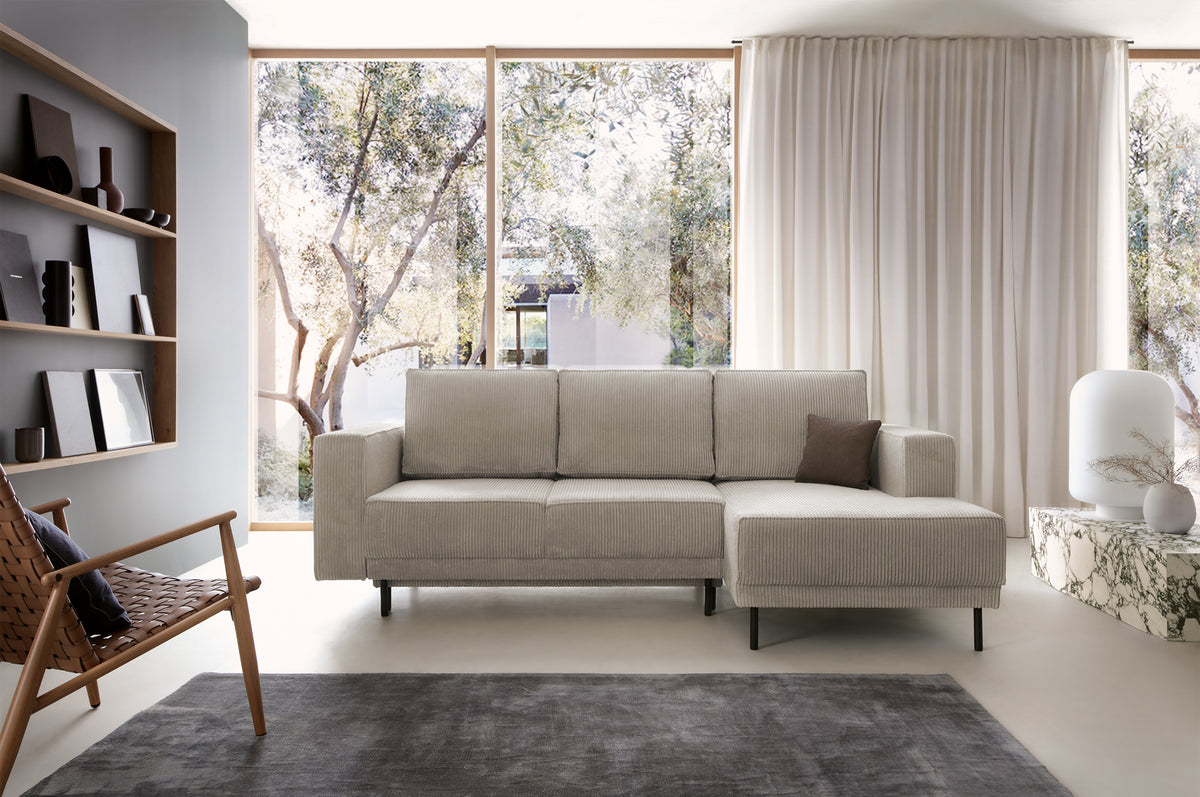 Canapé d’angle convertible Rodario mini en velours côtelé beige foncé, avec coffre, angle droit