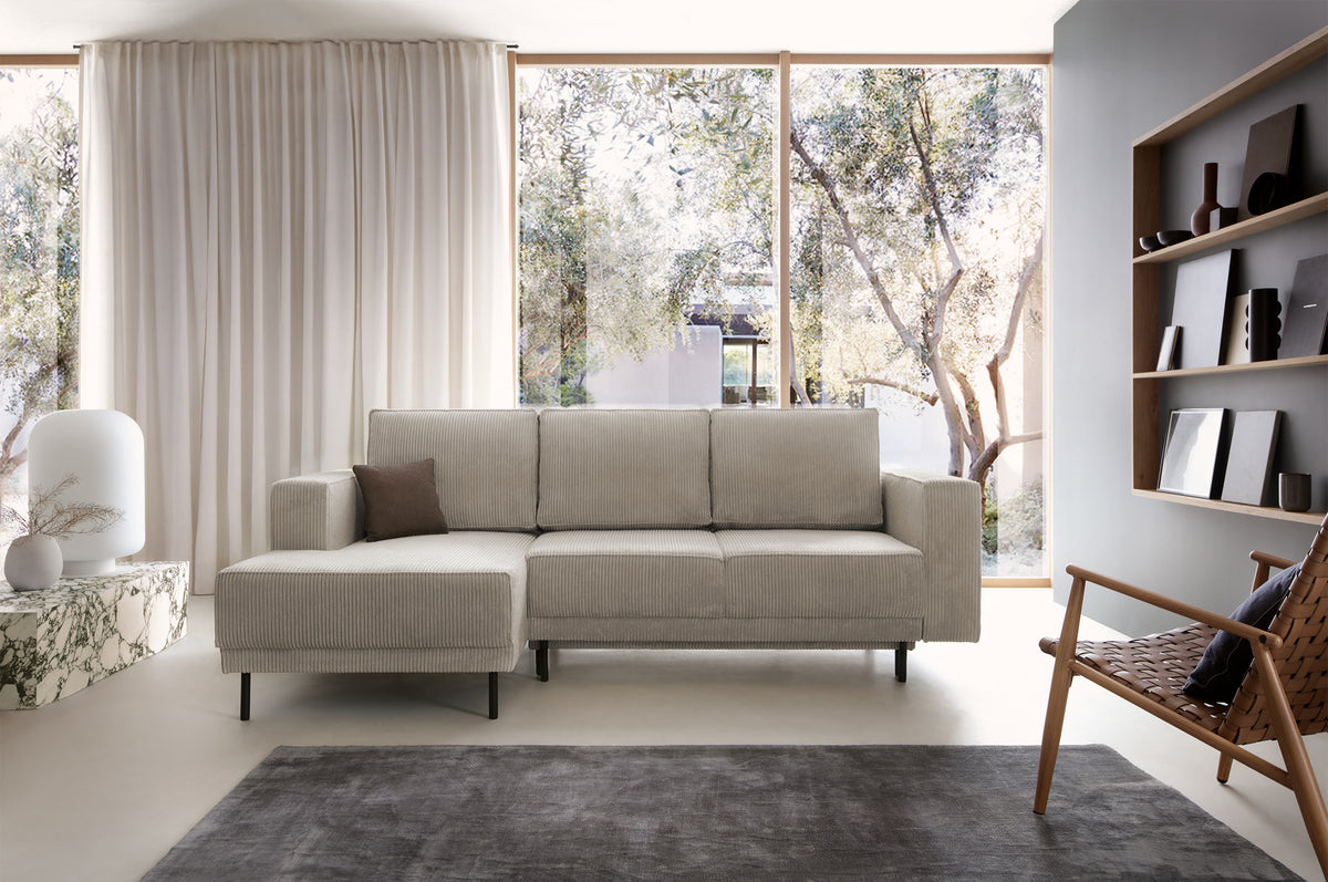 Canapé d'angle avec fonction couchage Rodario mini en L, coffre de rangement, velours côtelé beige foncé, côté gauche