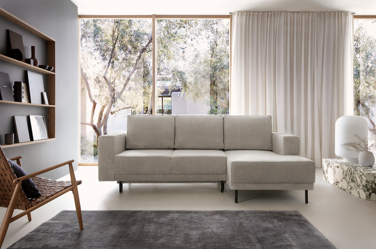 Canapé d’angle convertible Rodario mini en velours côtelé beige foncé, avec coffre, angle droit