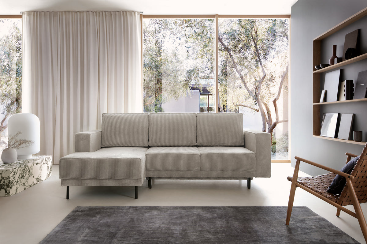 Canapé d'angle avec fonction couchage Rodario mini en L, coffre de rangement, velours côtelé beige foncé, côté gauche