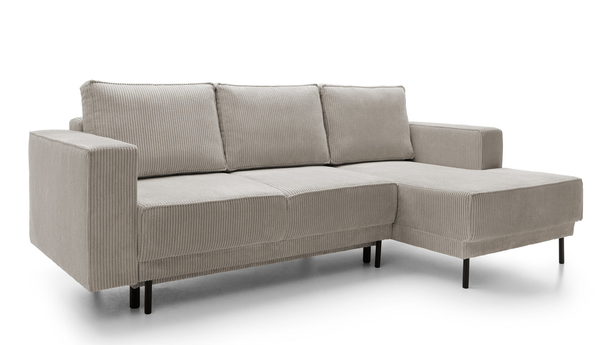 Canapé d’angle convertible Rodario mini en velours côtelé beige foncé, avec coffre, angle droit