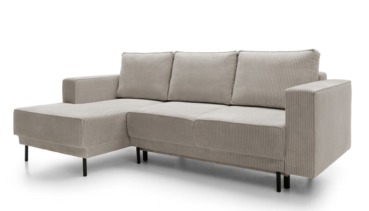 Canapé d'angle avec fonction couchage Rodario mini en L, coffre de rangement, velours côtelé beige foncé, côté gauche