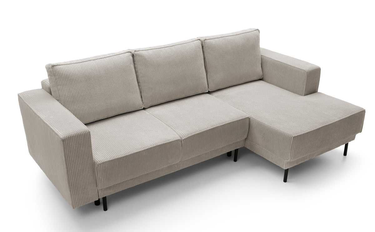 Canapé d’angle convertible Rodario mini en velours côtelé beige foncé, avec coffre, angle droit