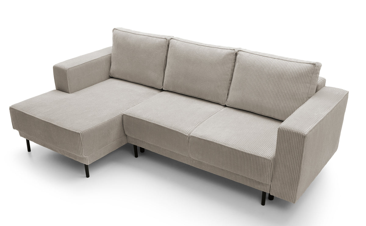 Canapé d'angle avec fonction couchage Rodario mini en L, coffre de rangement, velours côtelé beige foncé, côté gauche