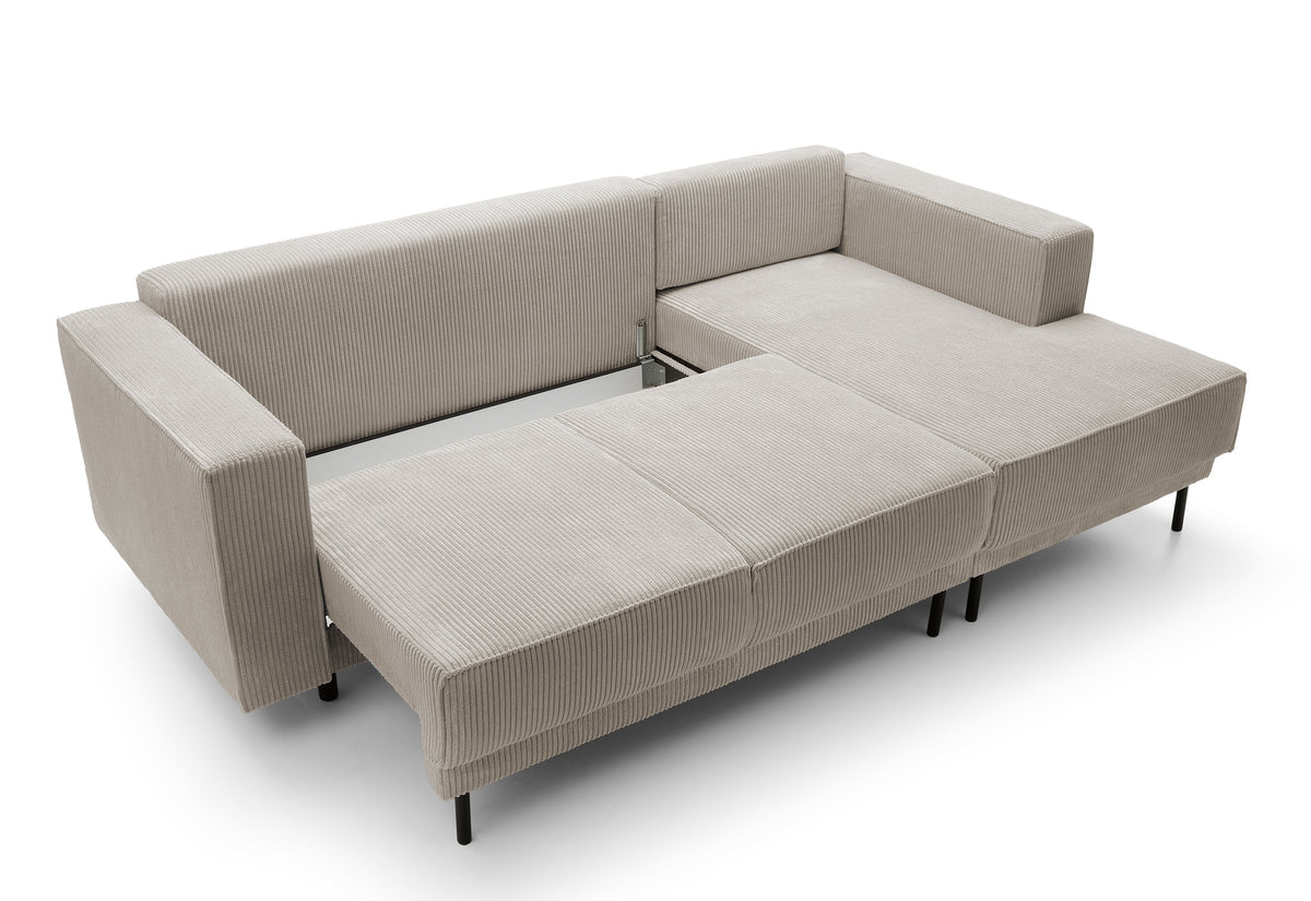 Canapé d’angle convertible Rodario mini en velours côtelé beige foncé, avec coffre, angle droit