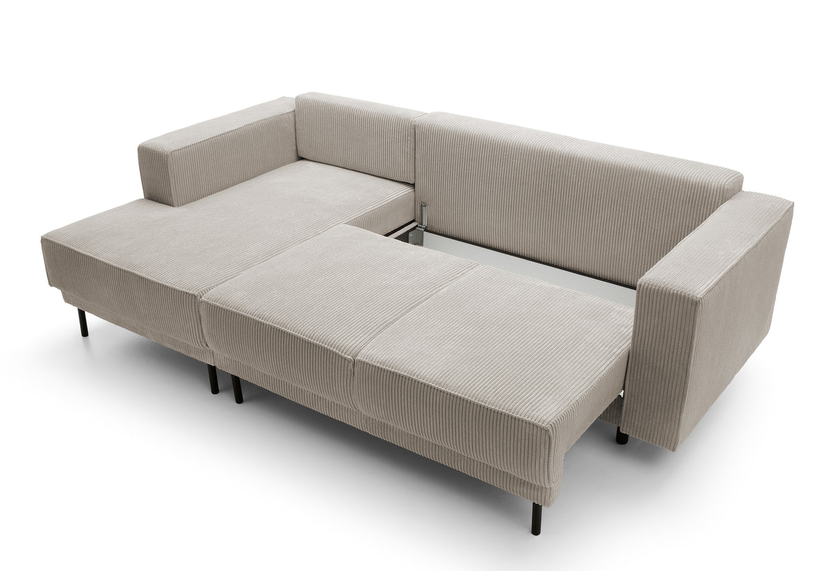 Canapé d'angle avec fonction couchage Rodario mini en L, coffre de rangement, velours côtelé beige foncé, côté gauche
