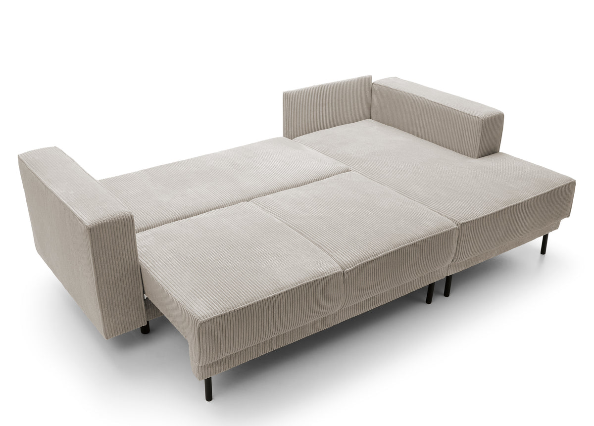 Canapé d’angle convertible Rodario mini en velours côtelé beige foncé, avec coffre, angle droit