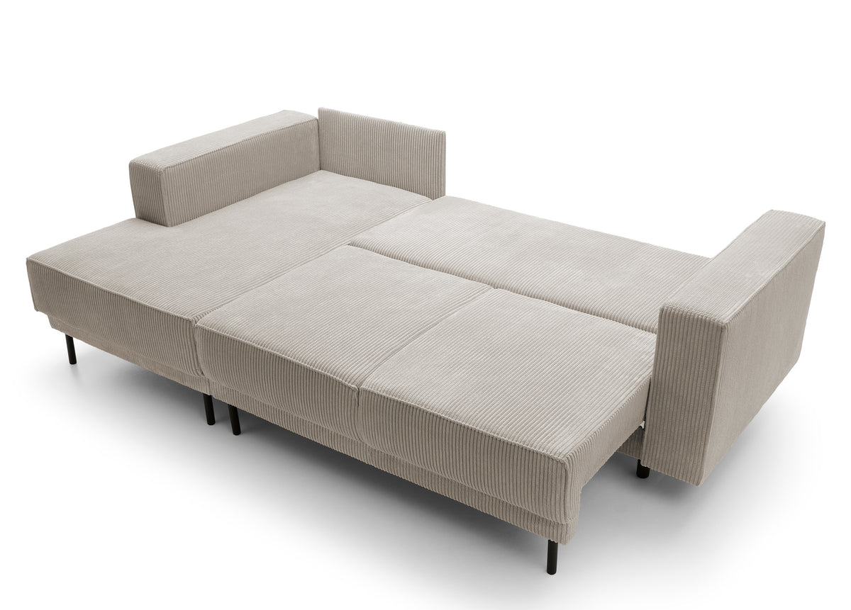 Canapé d'angle avec fonction couchage Rodario mini en L, coffre de rangement, velours côtelé beige foncé, côté gauche