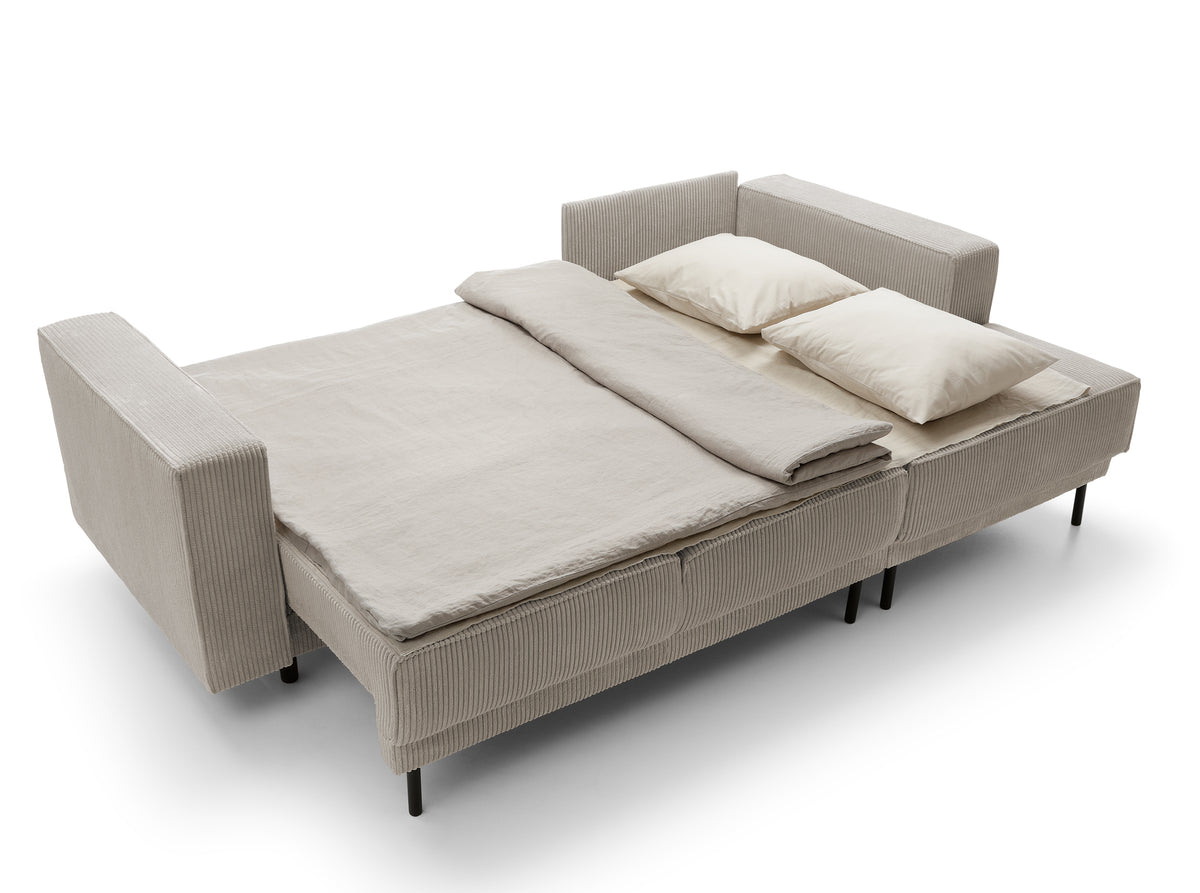 Canapé d’angle convertible Rodario mini en velours côtelé beige foncé, avec coffre, angle droit