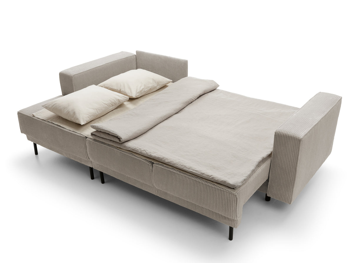 Canapé d'angle avec fonction couchage Rodario mini en L, coffre de rangement, velours côtelé beige foncé, côté gauche