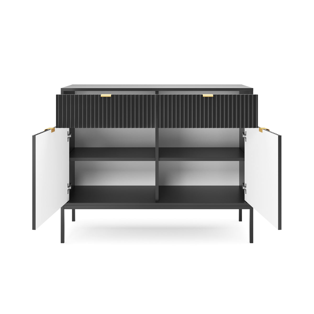 Commode 2 portes Vellore 104 cm noire avec façades rainurées et poignées dorées