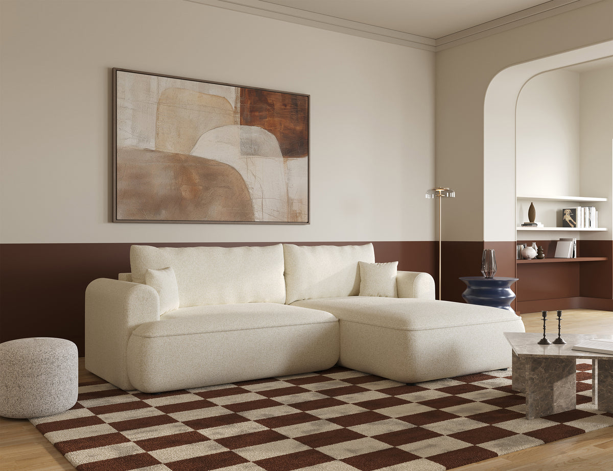 Canapé d'angle convertible Ovo en forme de L, tissage beige clair, orientation droite