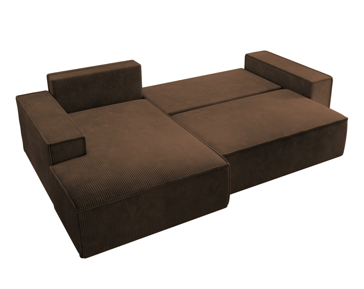 Canapé d'angle avec fonction couchage Farese New en L, avec rangement, velours côtelé marron, côté gauche