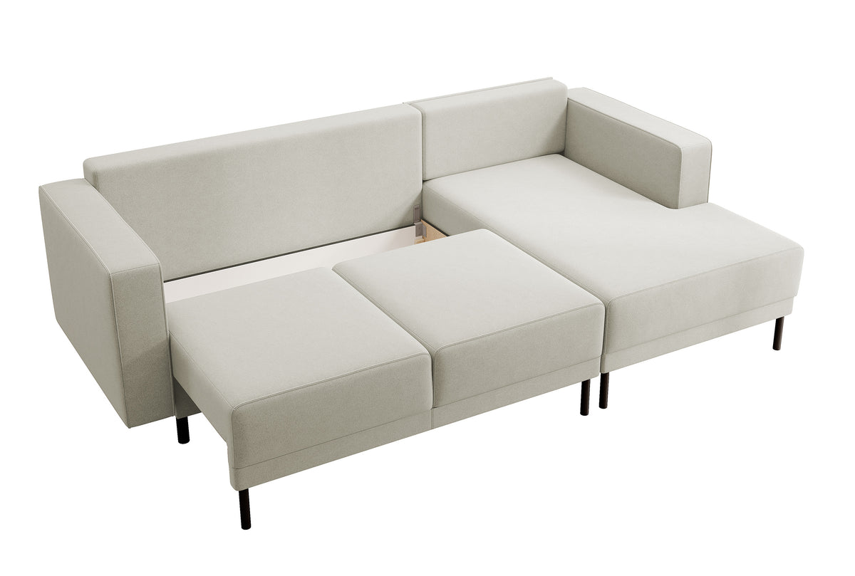 Canapé d'angle convertible Rodario mini en L avec coffre, velours beige clair facile d'entretien, version droite