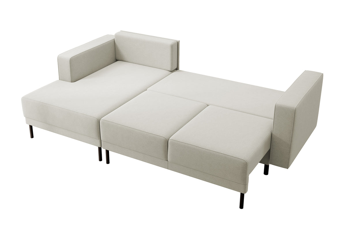 Canapé d'angle convertible Rodario mini en L avec coffre, velours beige clair facile à nettoyer, orientation gauche