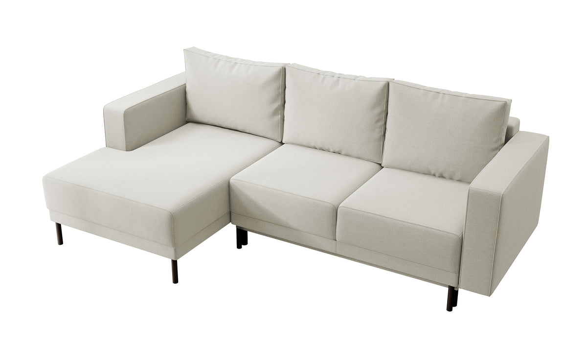 Canapé d'angle convertible Rodario mini en L avec coffre, velours beige clair facile à nettoyer, orientation gauche