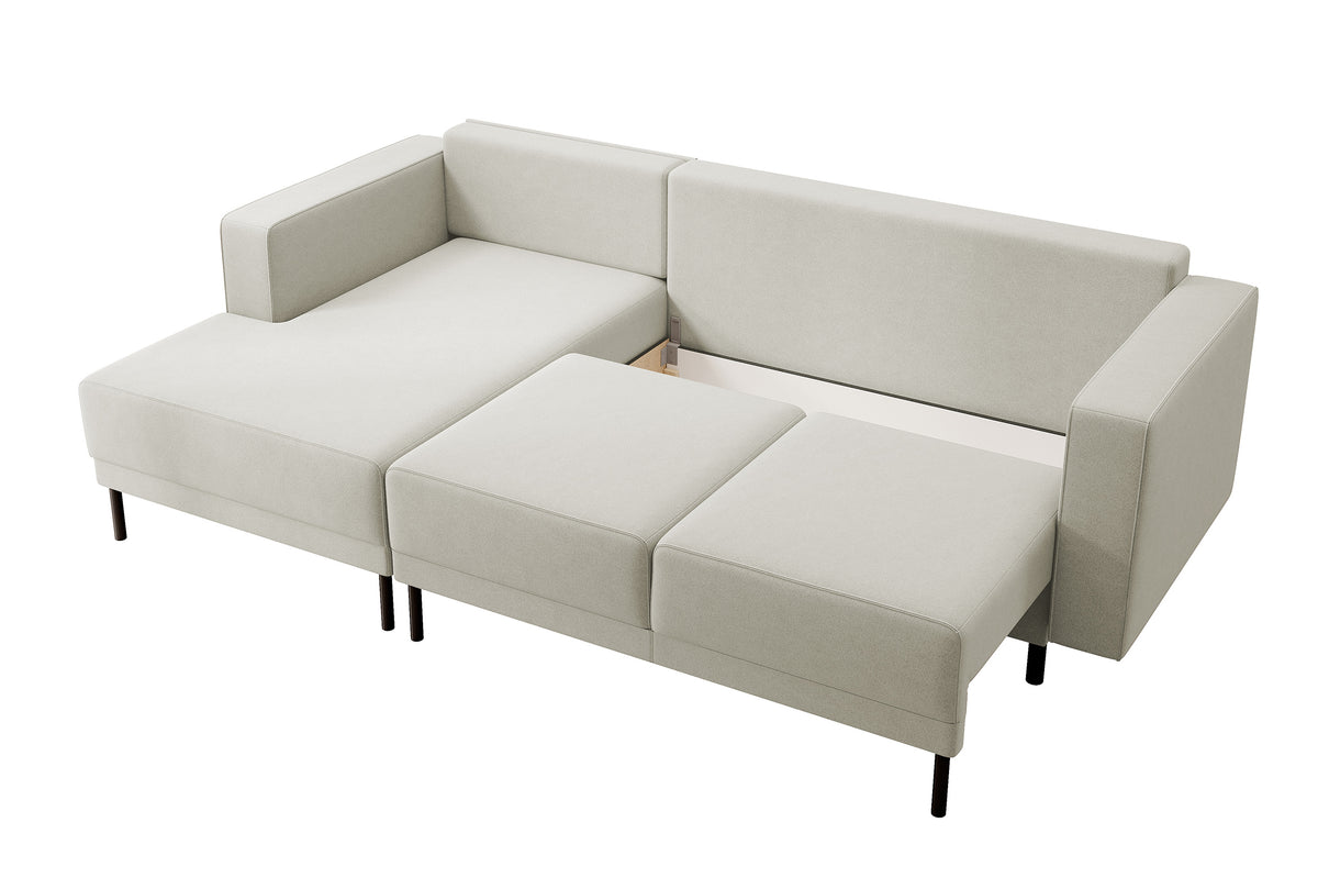 Canapé d'angle convertible Rodario mini en L avec coffre, velours beige clair facile à nettoyer, orientation gauche