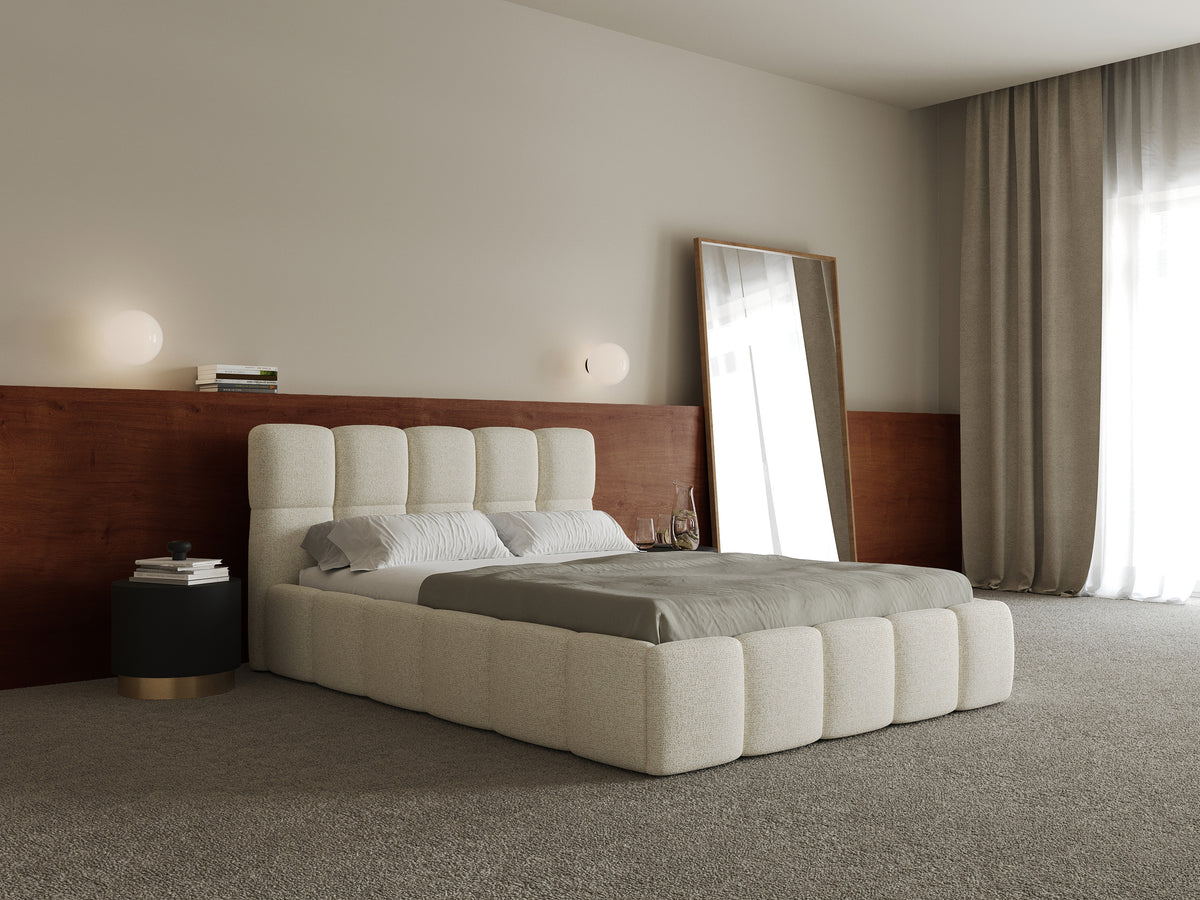 Polsterbett 140x200 cm Cloudy mit Stauraum, hellbeige Geflecht, Metallrahmen