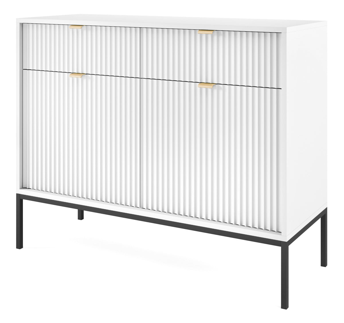 Commode 2 portes Vellore 104 cm blanche avec façades rainurées et poignées dorées