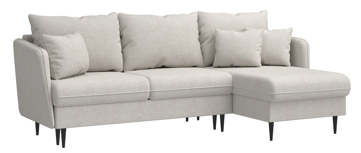 Ecksofa mit Schlafunktion Volio, L-förmig, hellbeige Chenille, schwarze Beine