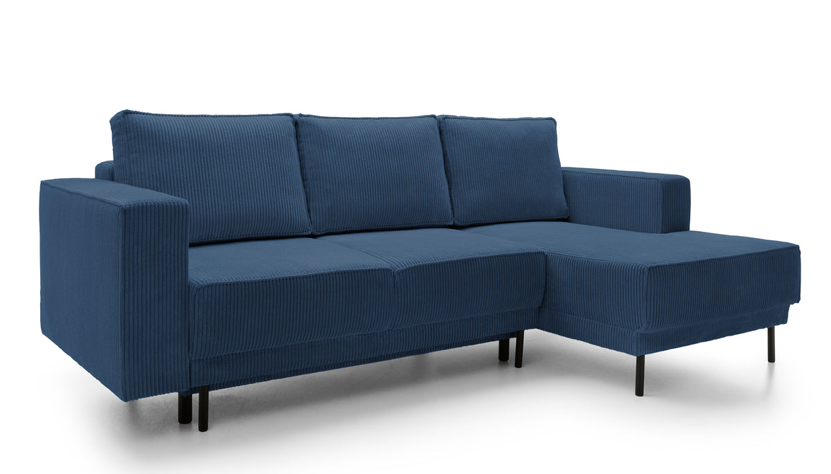 Canapé d'angle convertible Rodario mini en velours côtelé bleu marine avec coffre, modèle droit