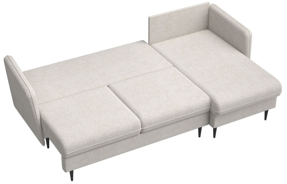 Ecksofa mit Schlafunktion Volio, L-förmig, hellbeige Chenille, schwarze Beine