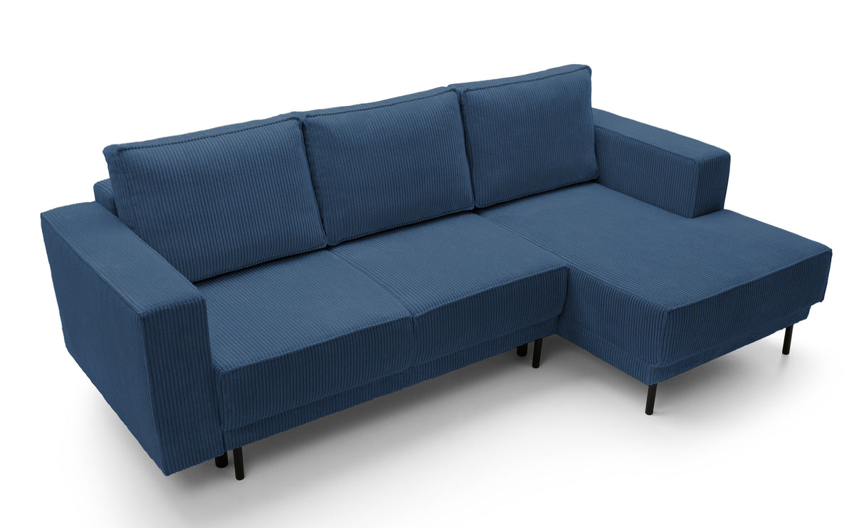 Canapé d'angle convertible Rodario mini en velours côtelé bleu marine avec coffre, modèle droit