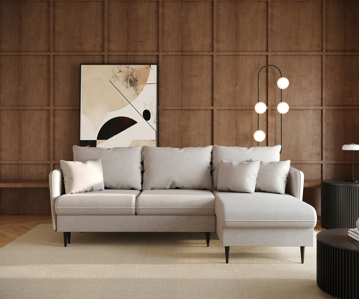 Canapé d'angle Volio L avec fonction couchage, tissu chenille beige clair, pieds noirs