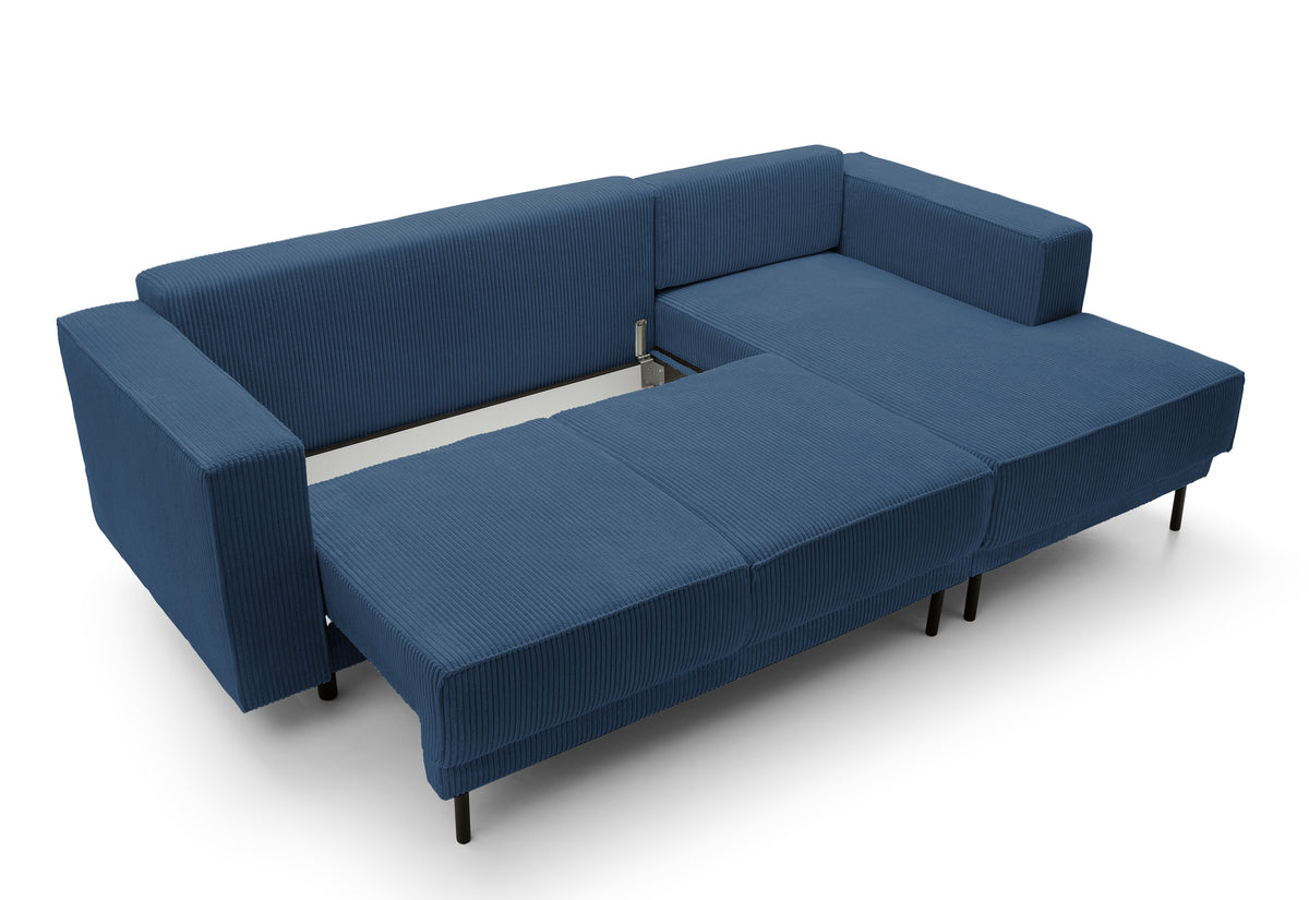 Canapé d'angle convertible Rodario mini en velours côtelé bleu marine avec coffre, modèle droit