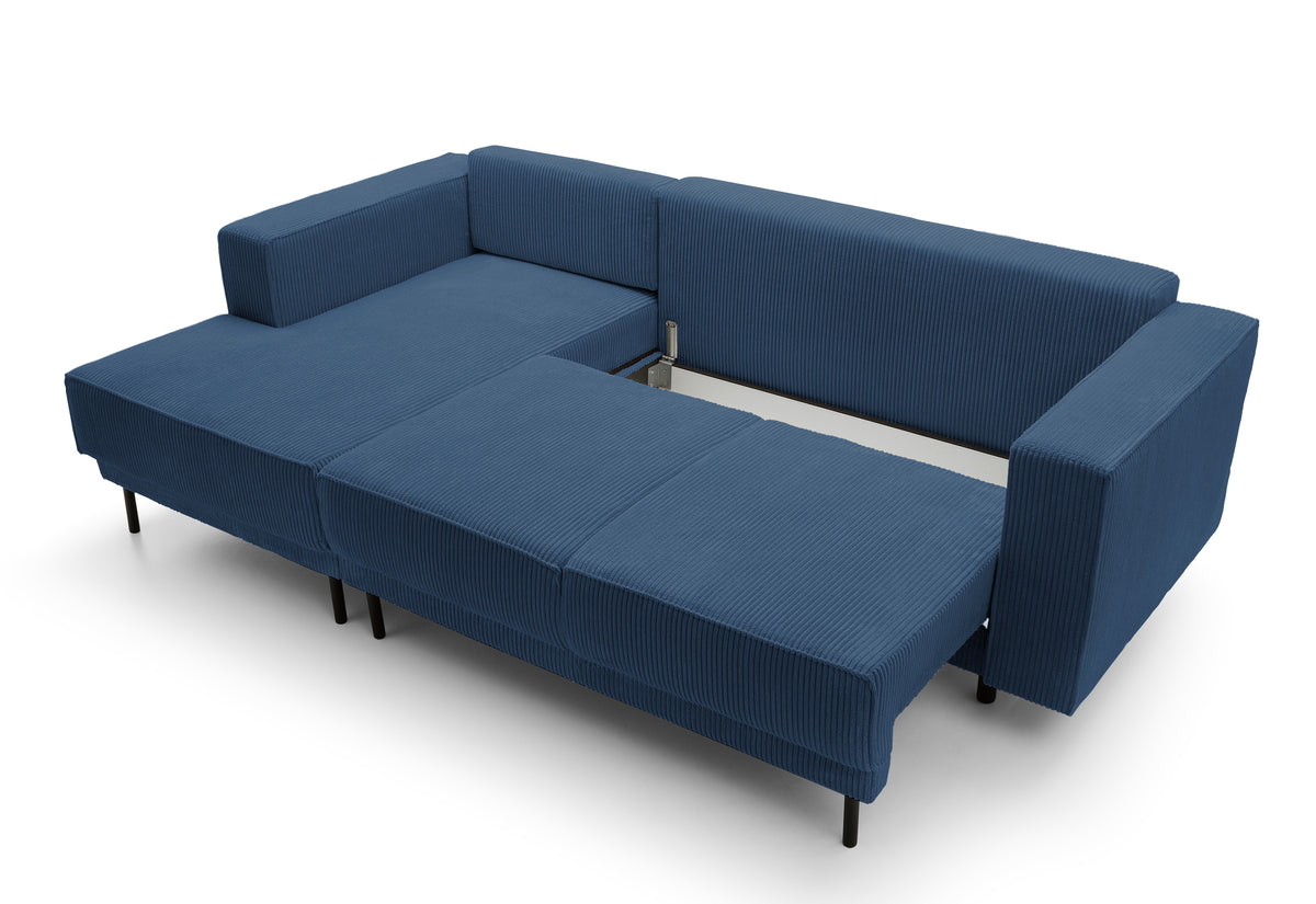 Canapé d'angle convertible Rodario mini en L avec rangement, velours côtelé bleu marine, côté gauche