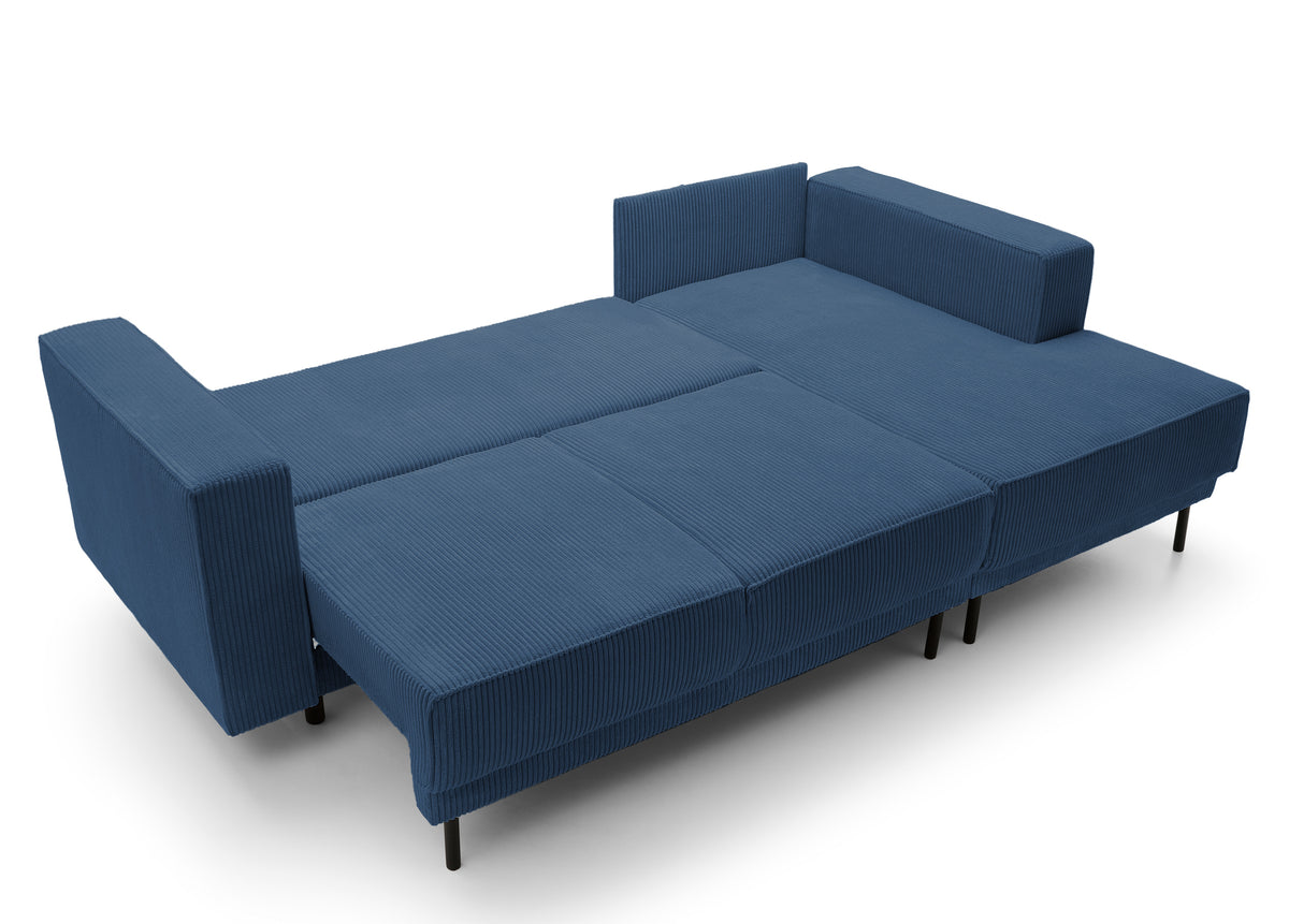 Canapé d'angle convertible Rodario mini en velours côtelé bleu marine avec coffre, modèle droit