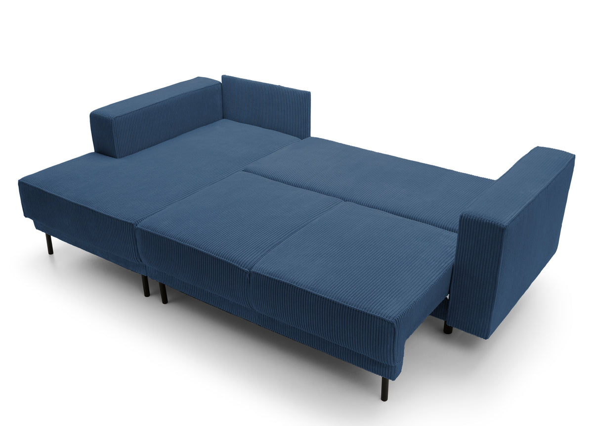 Canapé d'angle convertible Rodario mini en L avec rangement, velours côtelé bleu marine, côté gauche