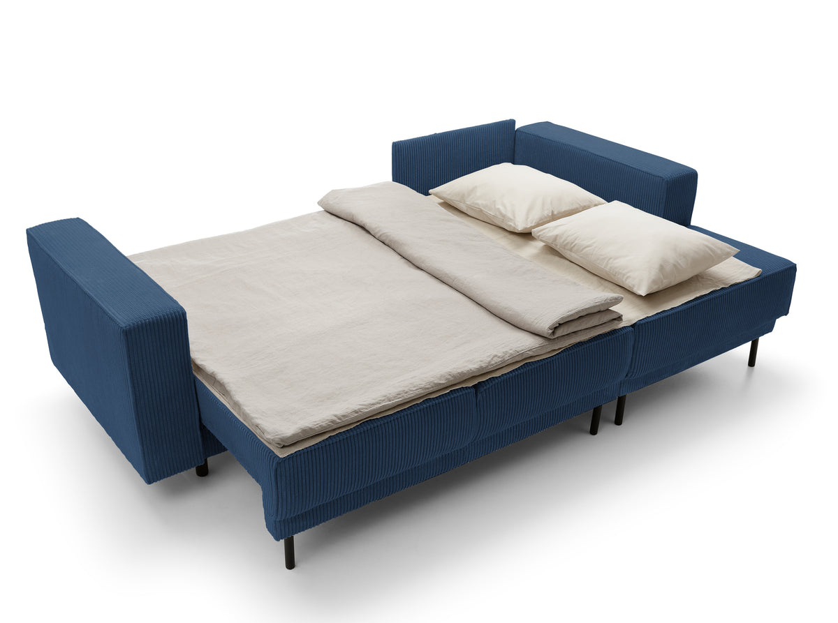 Canapé d'angle convertible Rodario mini en velours côtelé bleu marine avec coffre, modèle droit