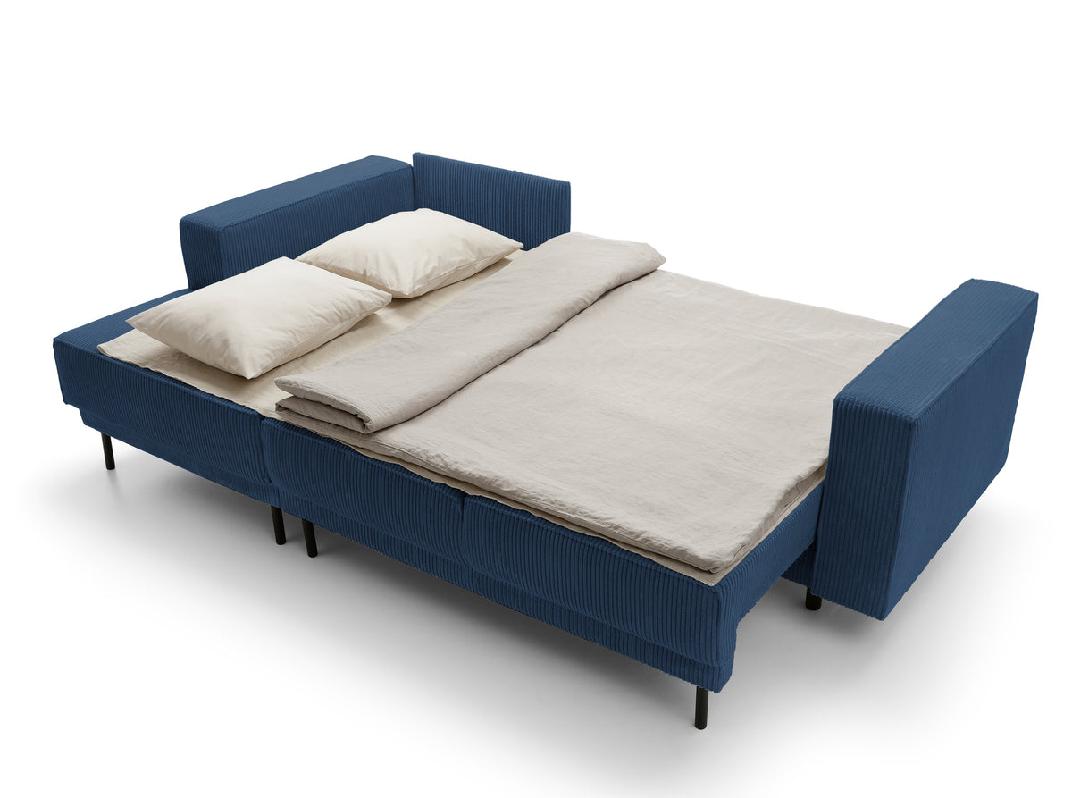Canapé d'angle convertible Rodario mini en L avec rangement, velours côtelé bleu marine, côté gauche