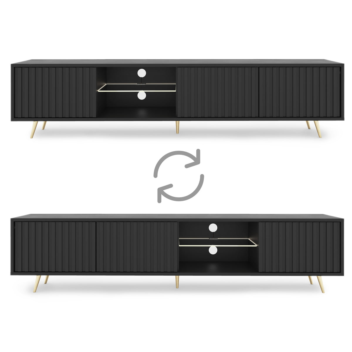 Meuble TV Bello avec façades à lamelles 175 cm noir avec LED et pieds dorés