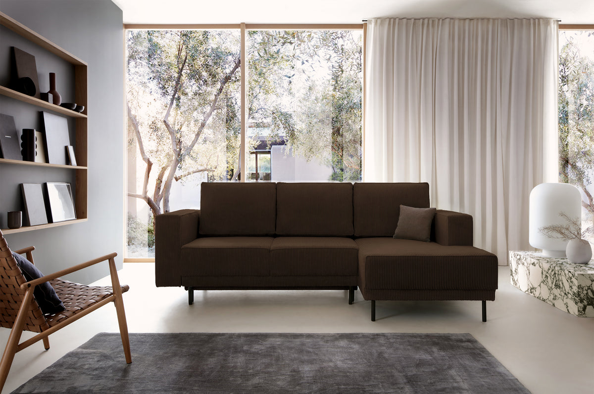 Canapé d'angle convertible Rodario mini en velours côtelé marron foncé, modèle droit avec coffre de rangement