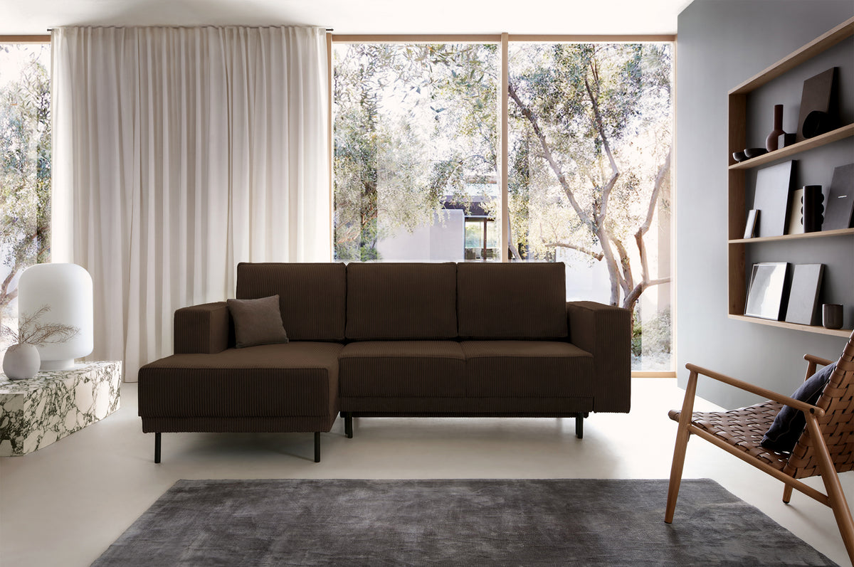 Canapé d'angle avec fonction couchage Rodario mini en L avec rangement, velours côtelé marron foncé, version gauche