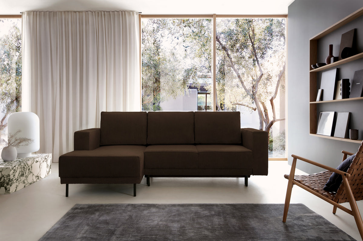 Canapé d'angle avec fonction couchage Rodario mini en L avec rangement, velours côtelé marron foncé, version gauche
