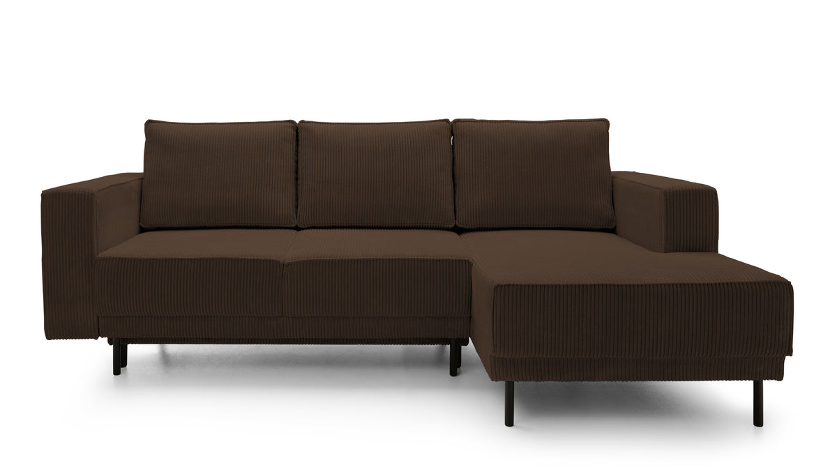 Canapé d'angle convertible Rodario mini en velours côtelé marron foncé, modèle droit avec coffre de rangement