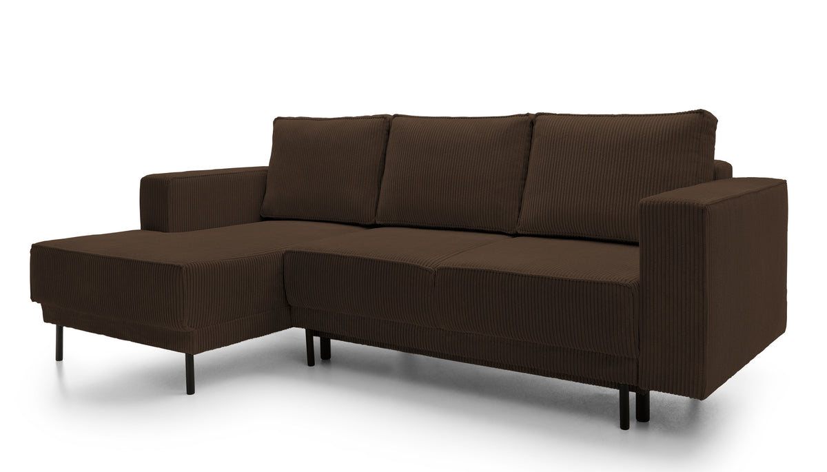 Canapé d'angle avec fonction couchage Rodario mini en L avec rangement, velours côtelé marron foncé, version gauche
