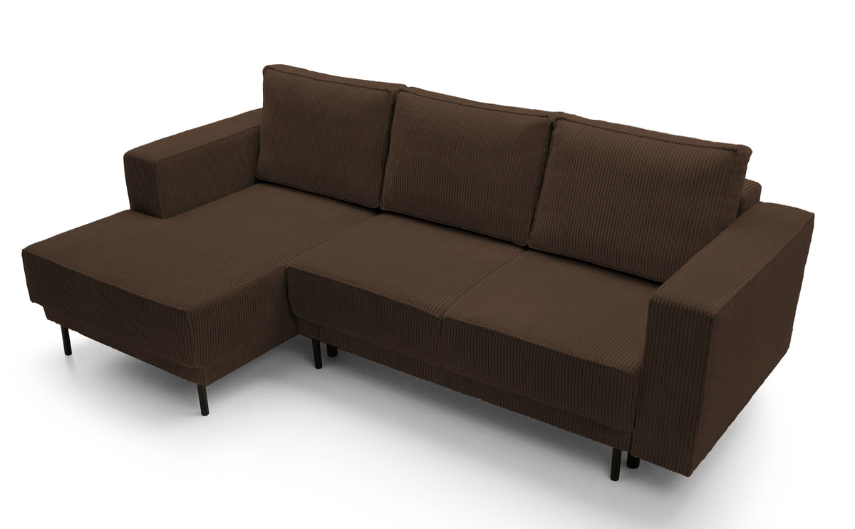 Canapé d'angle avec fonction couchage Rodario mini en L avec rangement, velours côtelé marron foncé, version gauche