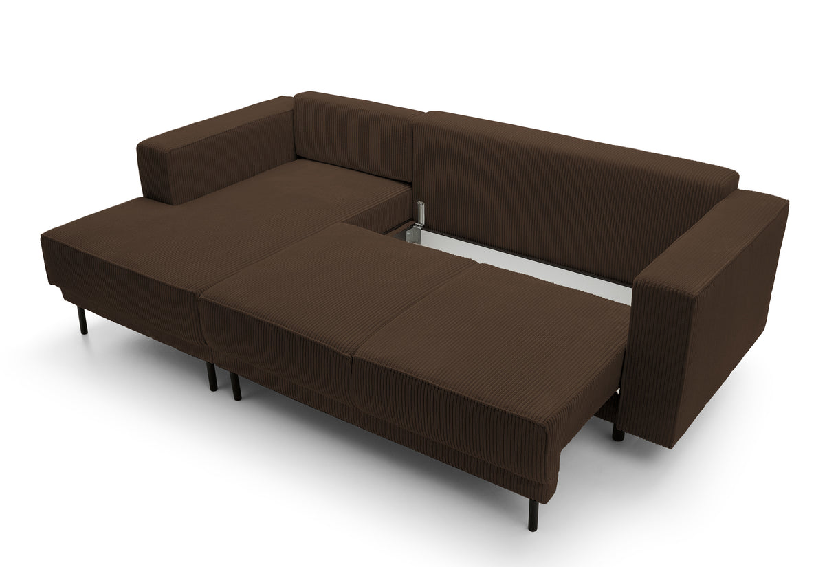 Canapé d'angle avec fonction couchage Rodario mini en L avec rangement, velours côtelé marron foncé, version gauche
