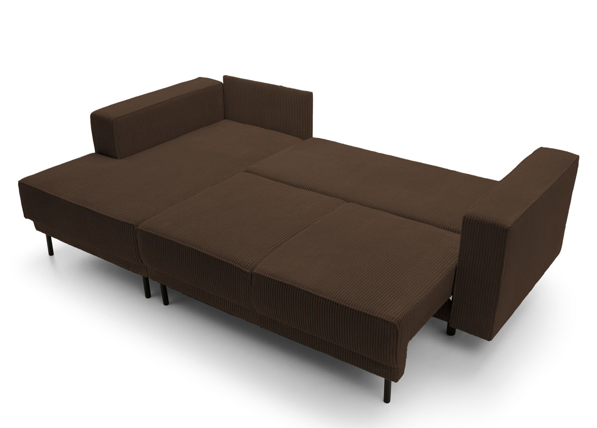 Canapé d'angle avec fonction couchage Rodario mini en L avec rangement, velours côtelé marron foncé, version gauche