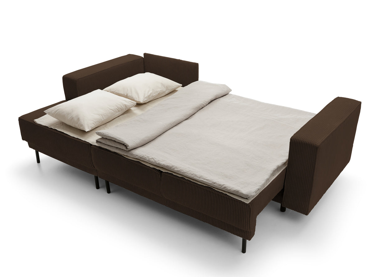 Canapé d'angle avec fonction couchage Rodario mini en L avec rangement, velours côtelé marron foncé, version gauche