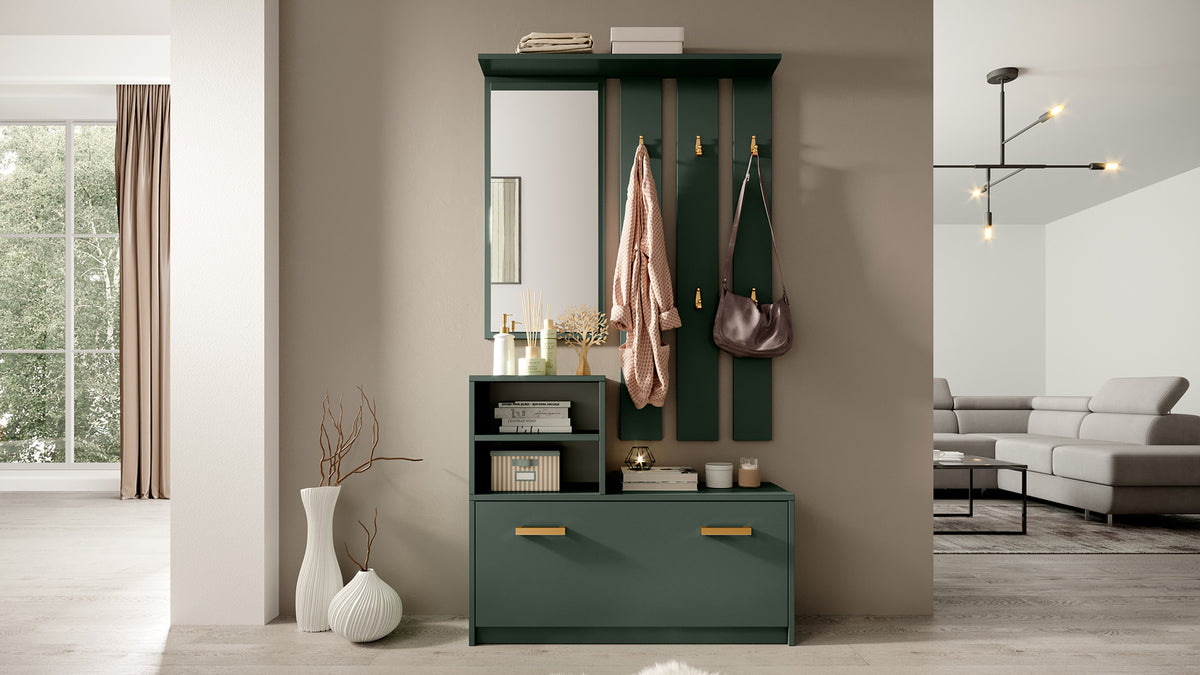 Ensemble d'entrée Yesfir vert bouteille avec miroir, patères, étagères et meuble à chaussures