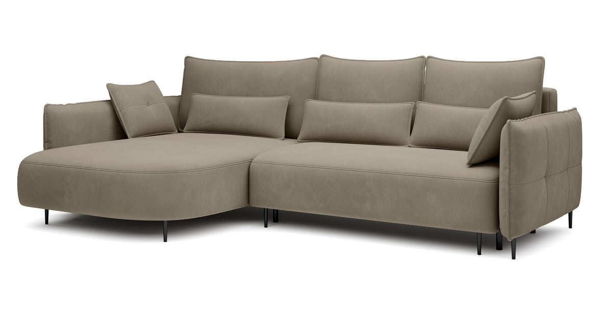 Canapé d’angle Oblivio avec fonction couchage en L, coffre de rangement, velours hydrofuge couleur brun clair, version gauche