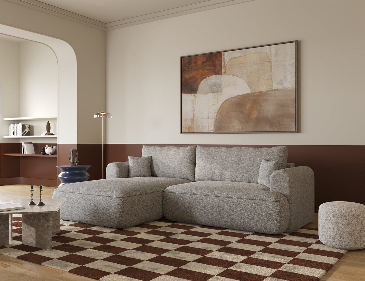 Canapé d'angle avec fonction couchage Ovo en forme de L, tissage gris-beige, côté gauche